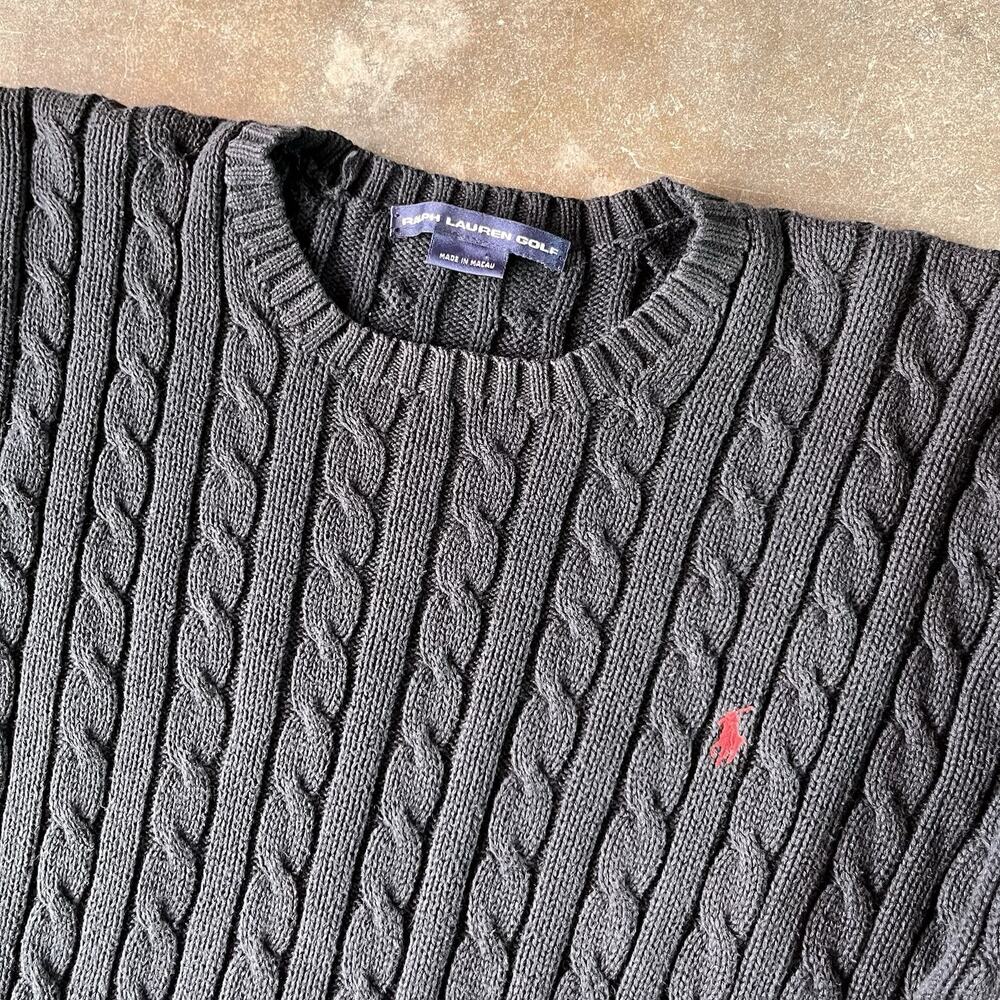 2000S Ralph Lauren Golf Cableknit Letterman Sweater, Black Comfy/Cozy